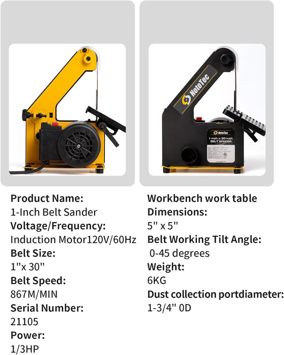 Nototec 1x30" Belt Sander for Woodworking with 1/3HP motor, 10A Belt Grinder